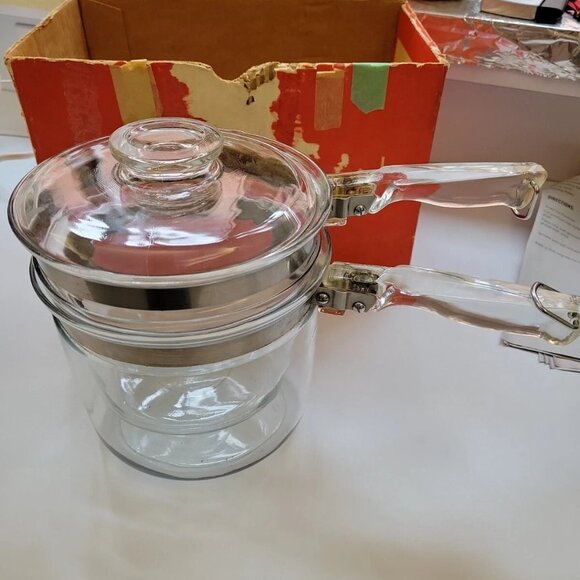 Vintage 1950's Pyrex Flameware 3pc Clear Glass Double Boiler SeComplete w/Lid - Picture 3 of 7